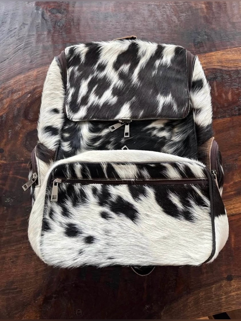 100% Cowhide leather Backpack and wallet Hair On (brown and White)